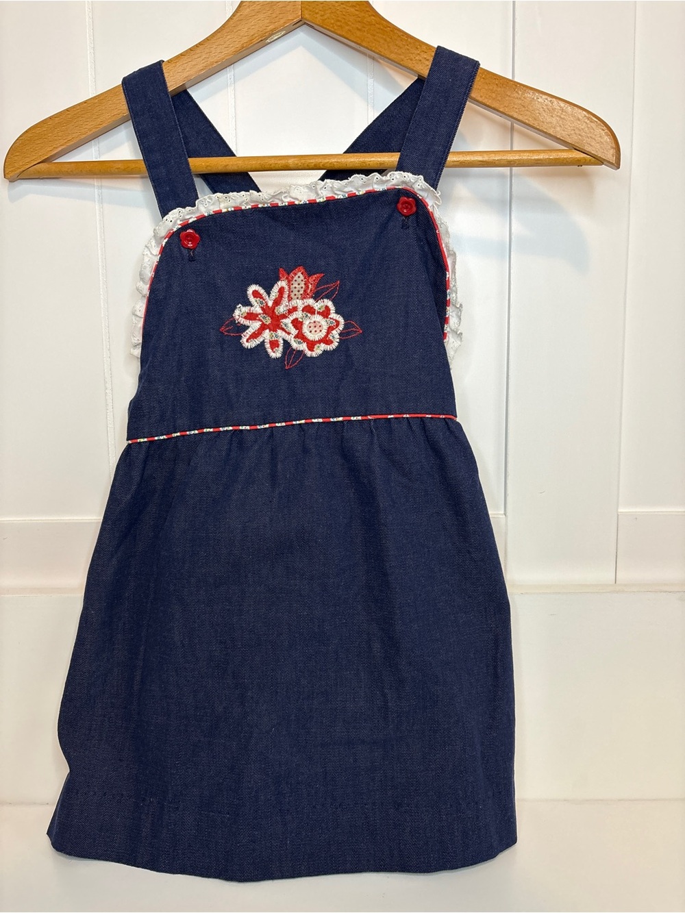 Vintage Healthtex Girls Denim Overall Jumper Dress Floral Embroidered